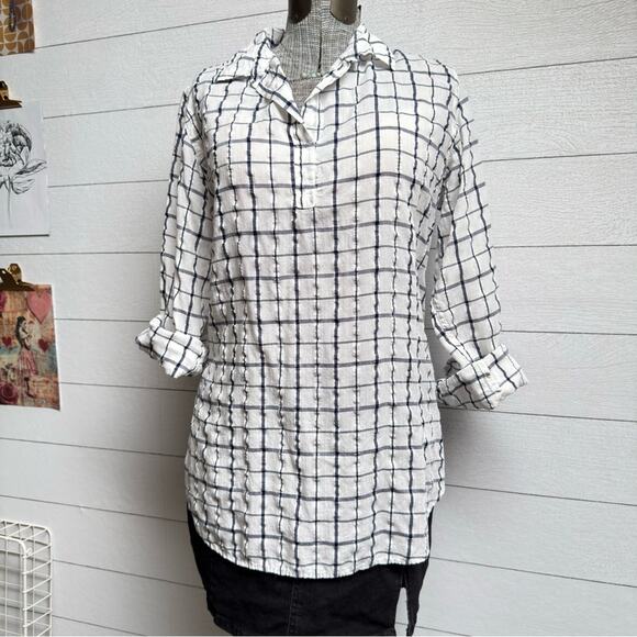 American Colors Tops - American Colors Organic Cotton Windowpane Grid Shirt White Navy Button Up M
